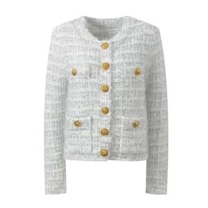Designer-style White-Grey Metallic Tweed Jacket with Gold Lion Buttons